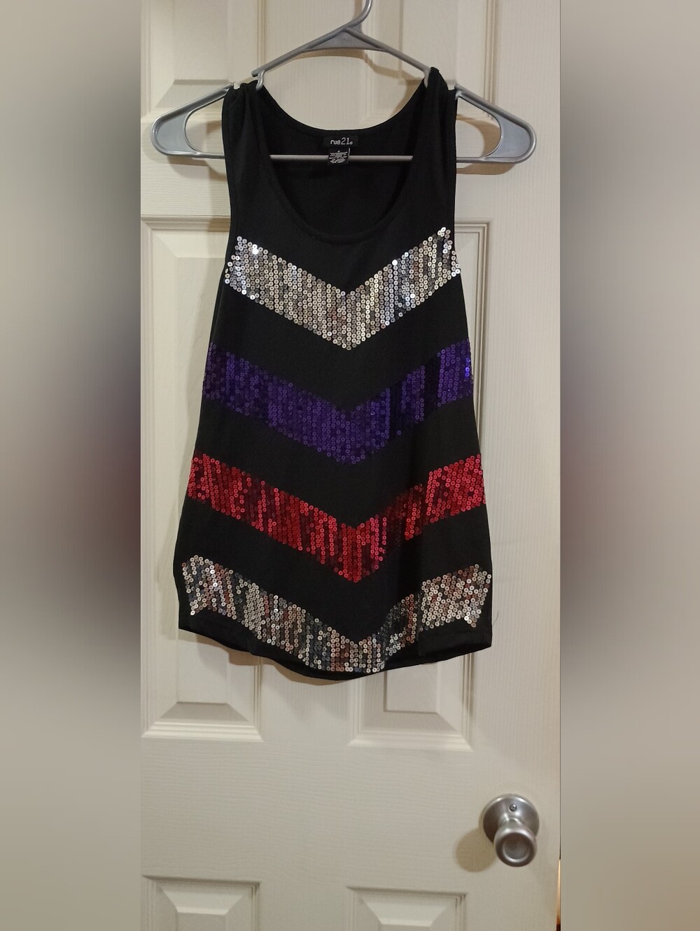Rue21 Black Tank with Silver, Purple & Red Sequin Chevron Stripes